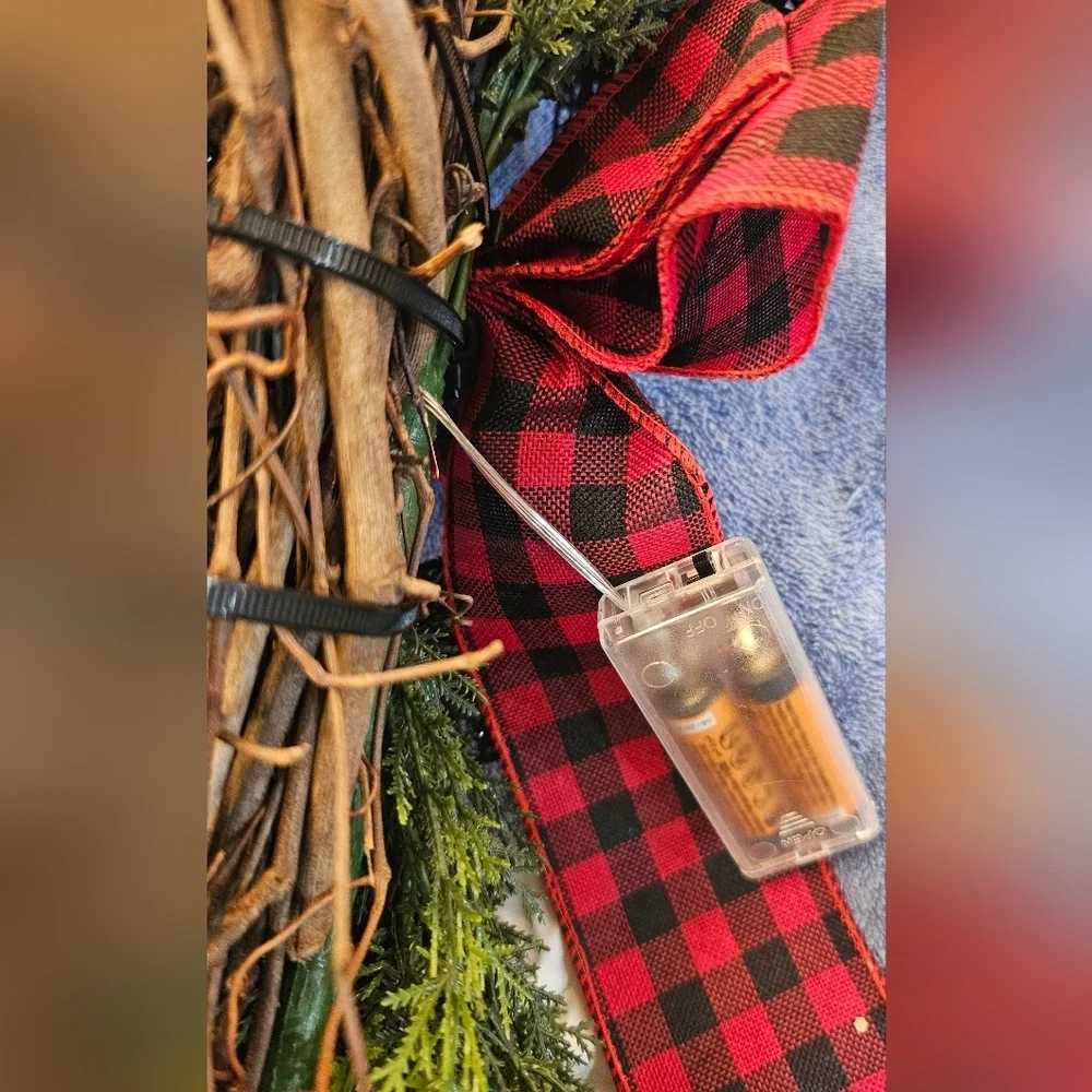Handmade Farmhouse-style Oval Buffalo Plaid Holiday Wreath. 1 Of A Kind